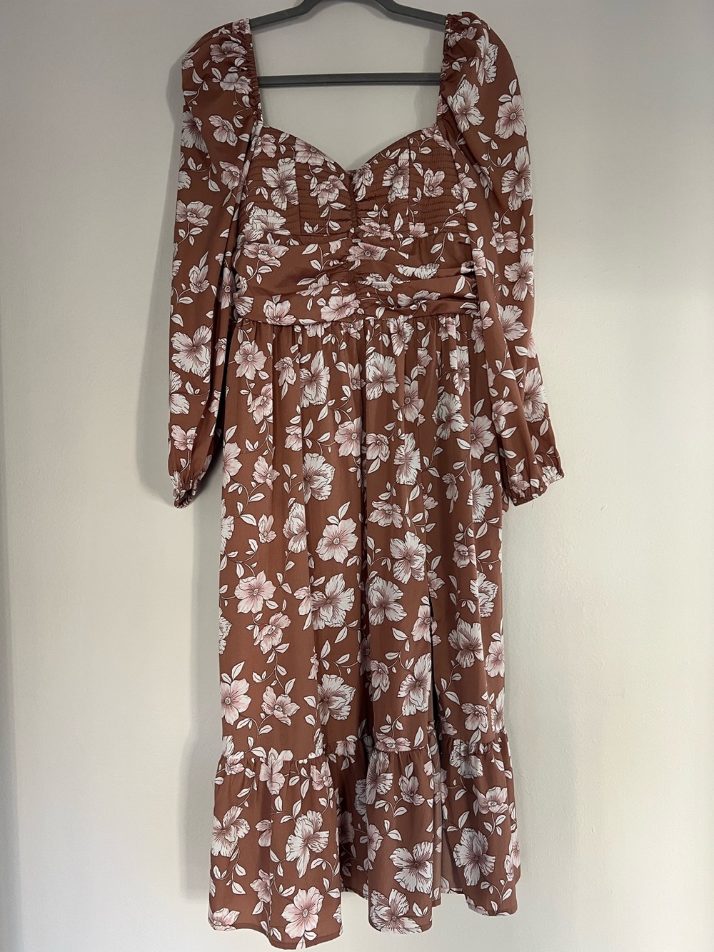 Band of the Free Boho Brown Floral Ruched Smocked Long Sleeve Midi Dress Size L